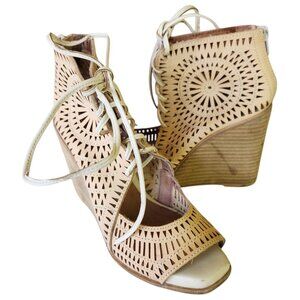 Jeffrey Campbell Rodillo Laser Cut Lace Up Open Toe Wedge Sandals Booties Size 7